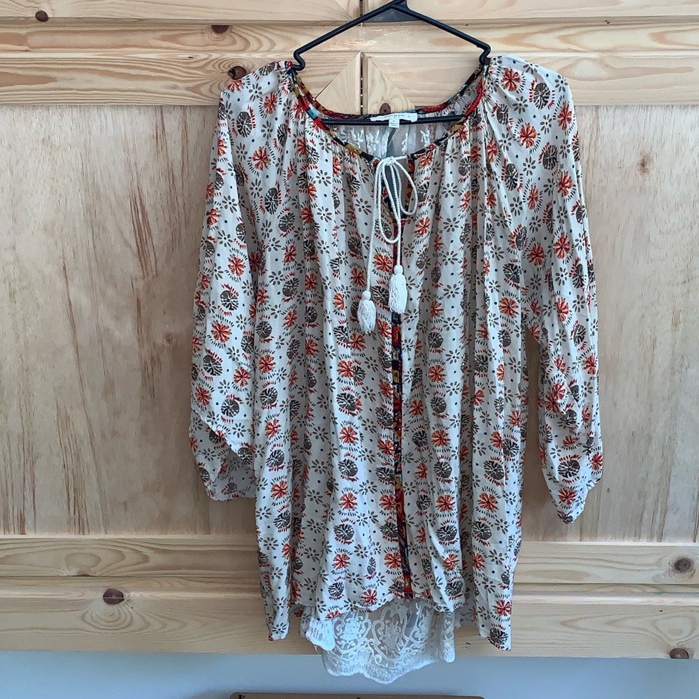 Umgee printed prairie boho peasants sheer lace back shirt size XL